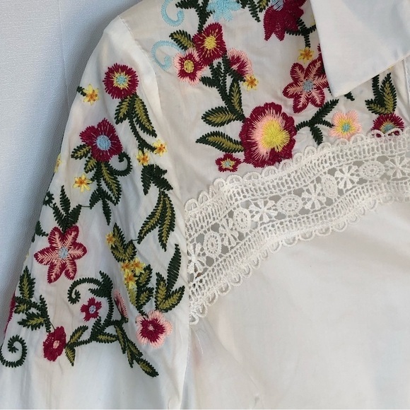White front tie cropped shirt with multi colored floral embroidery flared sleeve - Picture 4 of 7